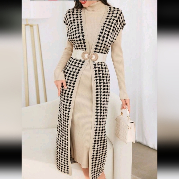 Women Solid Color Turtleneck Long Sleeve Minimalist Dress And Jacquard Cardigan - Picture 1 of 5